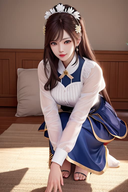  (score 9,score 8 up,score 7 up,),1girl,solo,maid,maid headdress,looking at viewer,apron,brown hair,indoors,black hair,bare foot,feet focus,two feet hyperrealistic, full body, detailed clothing, highly detailed, cinematic lighting, stunningly beautiful, intricate, sharp focus, f/1. 8, 85mm, (centered image composition), (professionally color graded), ((bright soft diffused light)), volumetric fog, trending on instagram, trending on tumblr, HDR 4K, 8K