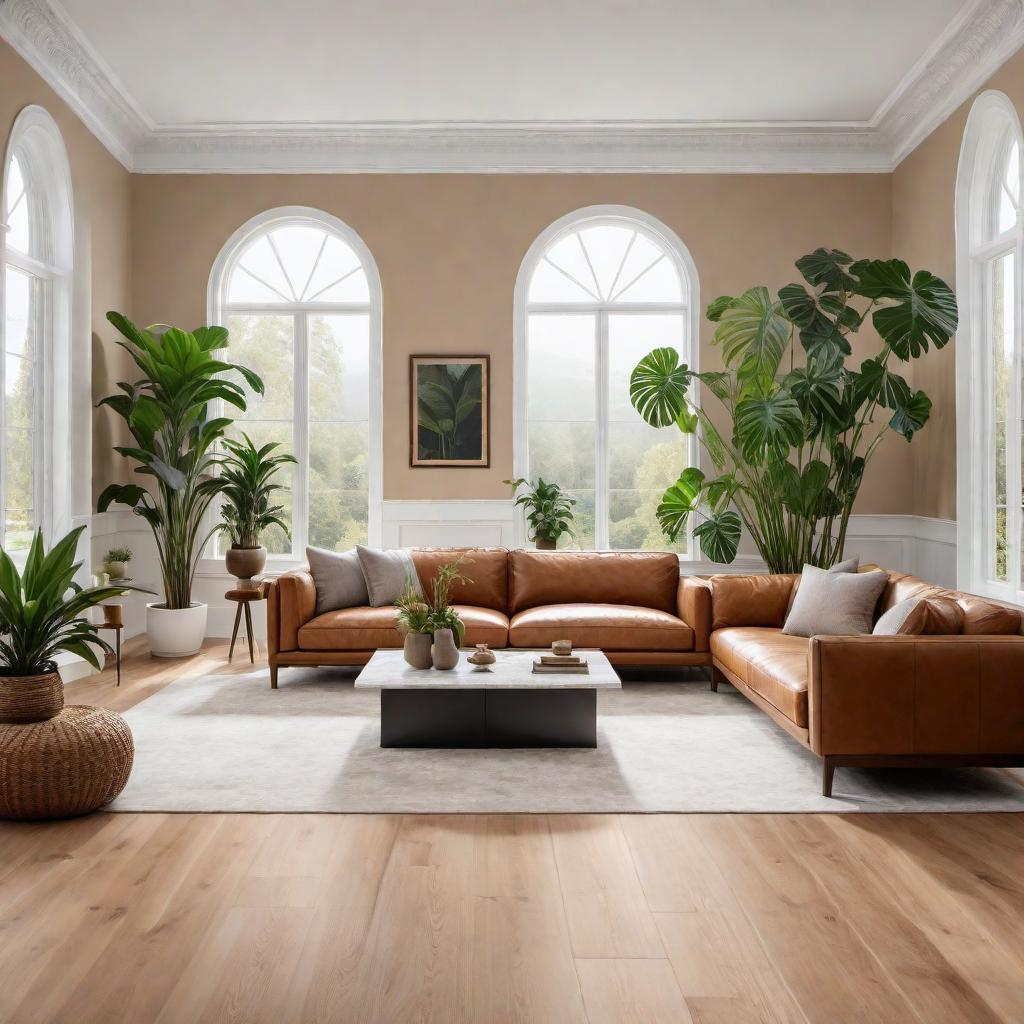  A design of a 20x20 living room with light brown hardwood flooring, white walls, a big window, leather couches, marble tables, and various plants. hyperrealistic, full body, detailed clothing, highly detailed, cinematic lighting, stunningly beautiful, intricate, sharp focus, f/1. 8, 85mm, (centered image composition), (professionally color graded), ((bright soft diffused light)), volumetric fog, trending on instagram, trending on tumblr, HDR 4K, 8K