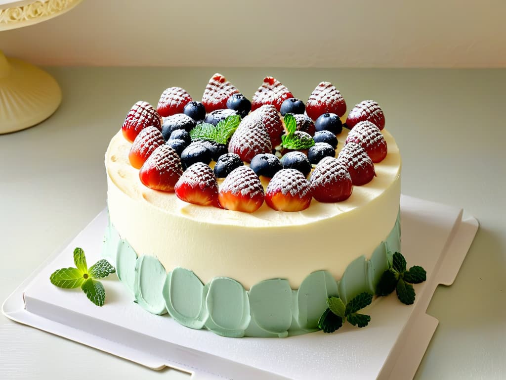  A highresolution, minimalist image of a beautifully decorated glutenfree cake topped with fresh berries and mint leaves, set on a sleek, modern cake stand against a soft, blurred background. The cake is elegantly frosted with a light, creamy icing, and the vibrant colors of the berries contrast strikingly with the neutral tones of the cake and stand. The lighting is soft and diffused, emphasizing the textures and details of the dessert, making it a visually appealing and appetizing focal point for the article. hyperrealistic, full body, detailed clothing, highly detailed, cinematic lighting, stunningly beautiful, intricate, sharp focus, f/1. 8, 85mm, (centered image composition), (professionally color graded), ((bright soft diffused light)), volumetric fog, trending on instagram, trending on tumblr, HDR 4K, 8K