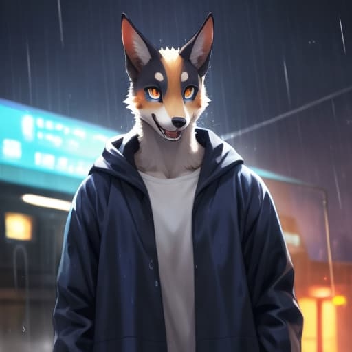  masterpiece, best quality, perfect anatomy, bright eyes, watery 、by t.y.stars, by null ghost, by k0bit0wani, furry, dog, (felis:0.25), male, solo, baggy clothing, (open smile:1.1), gentle, looking at viewer, train station, rain, (waterdrop:0.9), grey sky, raining, (fog:0.4), detailed background hyperrealistic, full body, detailed clothing, highly detailed, cinematic lighting, stunningly beautiful, intricate, sharp focus, f/1. 8, 85mm, (centered image composition), (professionally color graded), ((bright soft diffused light)), volumetric fog, trending on instagram, trending on tumblr, HDR 4K, 8K