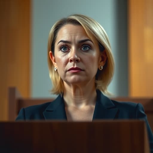  the face of a scared middle aged blond woman who stands at a podium defending herself in court in the style of tatsuro kiuchi, minimalism, simple v 6.1 s 750 hyperrealistic, full body, detailed clothing, highly detailed, cinematic lighting, stunningly beautiful, intricate, sharp focus, f/1. 8, 85mm, (centered image composition), (professionally color graded), ((bright soft diffused light)), volumetric fog, trending on instagram, trending on tumblr, HDR 4K, 8K