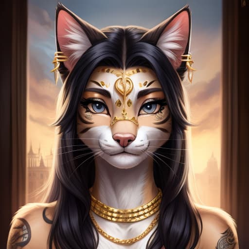  A with tattoos from head to toe, and cat's paws, with gold chains on her face and body, , ears and nose, piercings on her face and body to , open eyes, digital art, masterpiece, 4k, fine details,