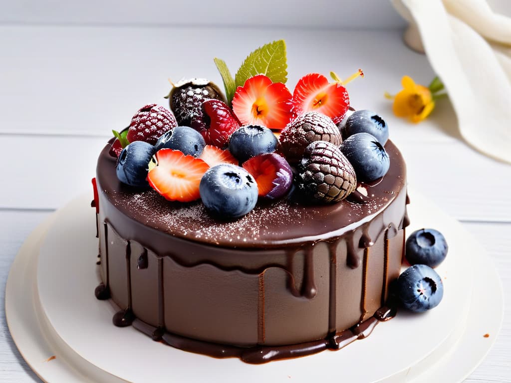  A closeup, ultradetailed image of a decadent vegan chocolate cake topped with fresh berries, drizzled with rich chocolate ganache, and garnished with delicate edible flowers, all presented on a sleek, modern, white plate against a soft, blurred background. The glossy surface of the ganache reflects the ambient light, highlighting the intricate textures of the cake layers and the vibrant colors of the toppings in a mesmerizing display of vegan culinary artistry. hyperrealistic, full body, detailed clothing, highly detailed, cinematic lighting, stunningly beautiful, intricate, sharp focus, f/1. 8, 85mm, (centered image composition), (professionally color graded), ((bright soft diffused light)), volumetric fog, trending on instagram, trending on tumblr, HDR 4K, 8K