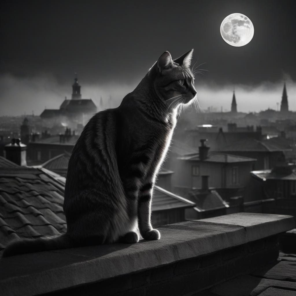  film noir style The cat walks along the rooftops, the full moon is shining, smoke is coming from the chimneys on the rooftops, night is in full swing . monochrome, high contrast, dramatic shadows, 1940s style, mysterious, cinematic hyperrealistic, full body, detailed clothing, highly detailed, cinematic lighting, stunningly beautiful, intricate, sharp focus, f/1. 8, 85mm, (centered image composition), (professionally color graded), ((bright soft diffused light)), volumetric fog, trending on instagram, trending on tumblr, HDR 4K, 8K