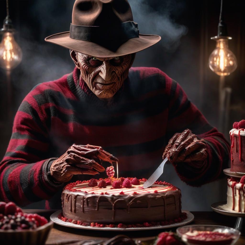  Freddy Krueger is cutting a cake. hyperrealistic, full body, detailed clothing, highly detailed, cinematic lighting, stunningly beautiful, intricate, sharp focus, f/1. 8, 85mm, (centered image composition), (professionally color graded), ((bright soft diffused light)), volumetric fog, trending on instagram, trending on tumblr, HDR 4K, 8K