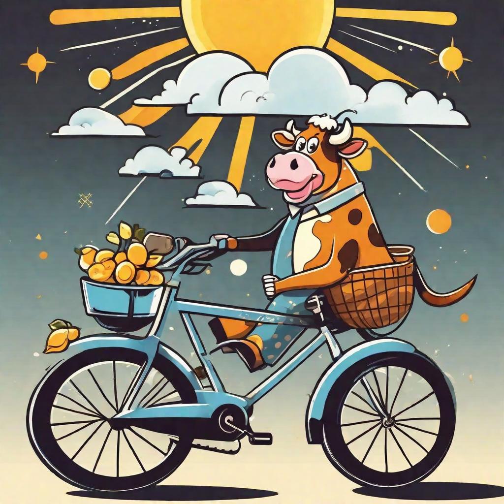  masterpiece, best quality,A cartoon-style cow riding a bicycle with the sun in the direction, milk in the basket and protruding bicycle chain