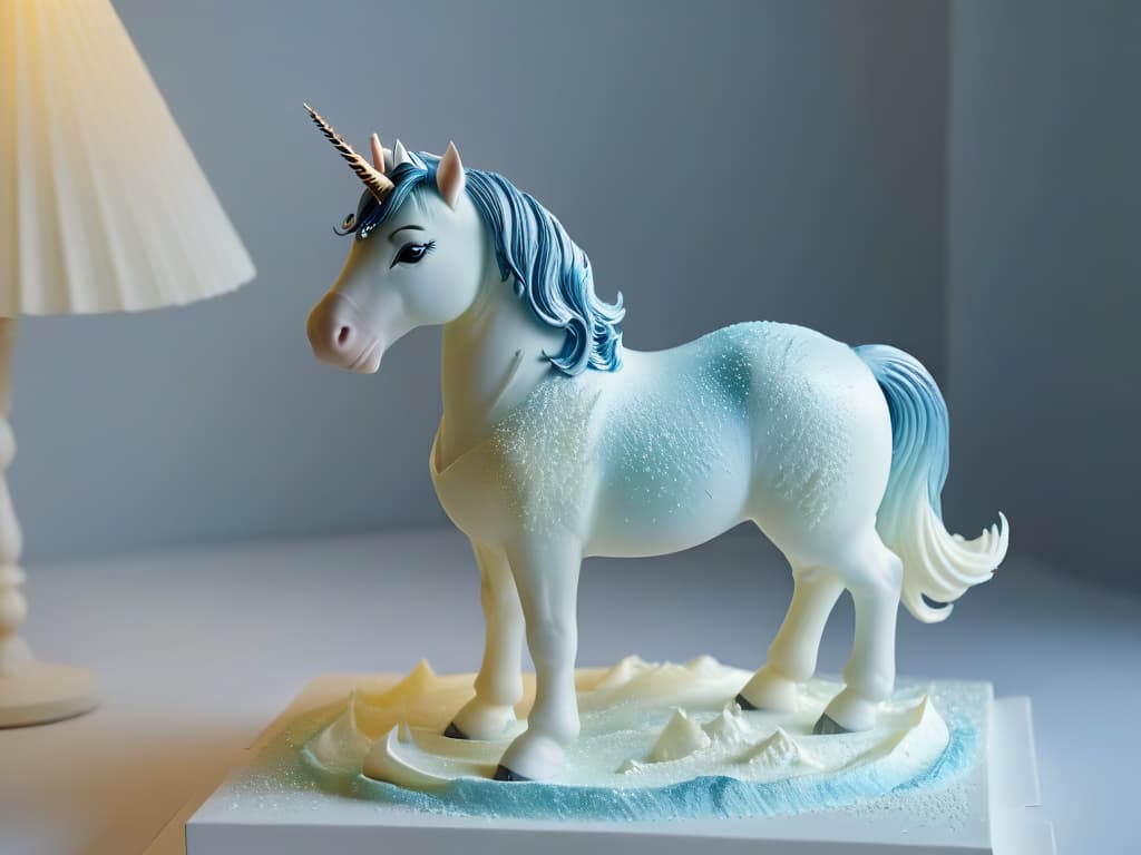  An exquisitely detailed sugar sculpture of a majestic unicorn, intricately crafted with lifelike details and delicate sugar strands, illuminated by a soft, ethereal glow that highlights its magical features. The light plays off the translucent sugar, creating a mesmerizing effect of shimmering colors and shadows, evoking a sense of wonder and enchantment. hyperrealistic, full body, detailed clothing, highly detailed, cinematic lighting, stunningly beautiful, intricate, sharp focus, f/1. 8, 85mm, (centered image composition), (professionally color graded), ((bright soft diffused light)), volumetric fog, trending on instagram, trending on tumblr, HDR 4K, 8K