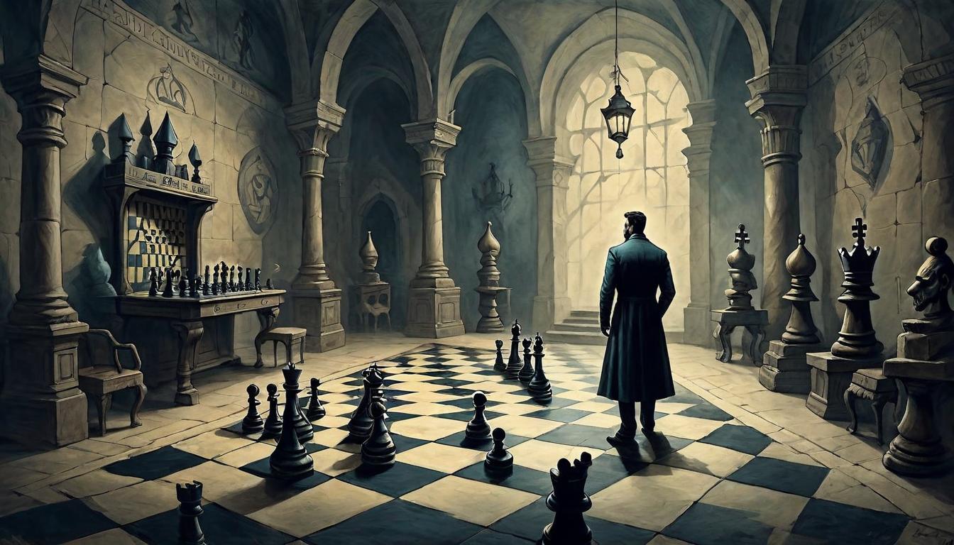  on parchment, surrealism+++, A dimly lit room with a chessboard, shadowy figure moving pieces, strategically and silently, air of control and manipulation(mysterious, provocative, symbolic,muted color)+++