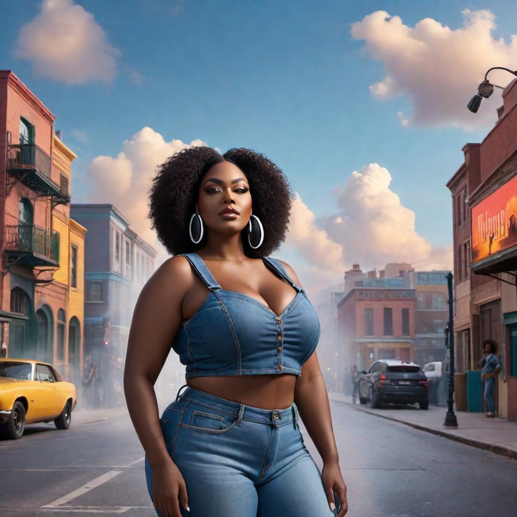  Create an album cover featuring a plus-size Black woman wearing jeans and a crop top t-shirt, listening to music. The scene should show her full body and exude confidence and joy. Include elements like headphones, musical notes, and a vibrant background to enhance the energetic and empowering feel of the cover. hyperrealistic, full body, detailed clothing, highly detailed, cinematic lighting, stunningly beautiful, intricate, sharp focus, f/1. 8, 85mm, (centered image composition), (professionally color graded), ((bright soft diffused light)), volumetric fog, trending on instagram, trending on tumblr, HDR 4K, 8K