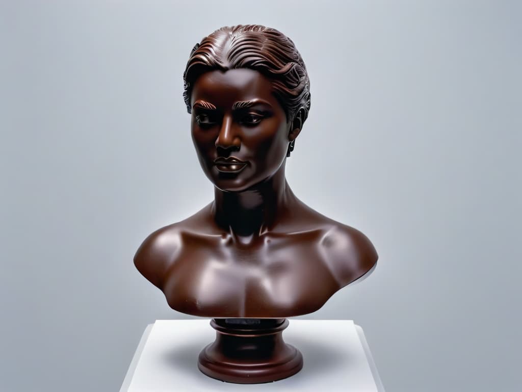  A minimalist, ultradetailed image of a sculpted chocolate bust inspired by classical art, showcasing intricate details like delicate facial features, flowing hair, and a smooth texture. The sculpture is elegantly displayed on a simple, unadorned white pedestal, emphasizing the artistry and craftsmanship of the chocolate modeling technique. The lighting is soft, casting subtle shadows that enhance the depth and realism of the sculpture, creating a visually striking and sophisticated visual for the article. hyperrealistic, full body, detailed clothing, highly detailed, cinematic lighting, stunningly beautiful, intricate, sharp focus, f/1. 8, 85mm, (centered image composition), (professionally color graded), ((bright soft diffused light)), volumetric fog, trending on instagram, trending on tumblr, HDR 4K, 8K