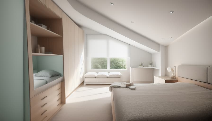  A high resolution photograph of a modern Bedroom, natural lighting, modern furniture, warm and welcoming ambiance, captured by a Canon EOS 5D Mark IV camera + Canon EF 16 35 mm f/2.8L II USM lens, bedroom of a villa. mint and white, light colors. open two small 60x30 cm windows on the wall of the head of bed, remove the mirror and table and add a long dresser in the corner.