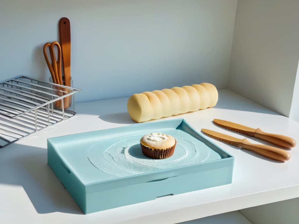  An ultradetailed image of a pristine, marble countertop adorned with an array of baking tools meticulously arranged in an organized fashion. The sunlight streams in, casting a soft, warm glow on the scene, highlighting the gleaming surfaces of the tools. From a sleek rolling pin to an array of cookie cutters in various shapes, every item is a testament to the artistry and precision that goes into mastering the basics of baking. The minimalist composition accentuates the beauty of the tools, inviting the viewer to embark on a journey of discovery and learning in the world of baking. hyperrealistic, full body, detailed clothing, highly detailed, cinematic lighting, stunningly beautiful, intricate, sharp focus, f/1. 8, 85mm, (centered image composition), (professionally color graded), ((bright soft diffused light)), volumetric fog, trending on instagram, trending on tumblr, HDR 4K, 8K