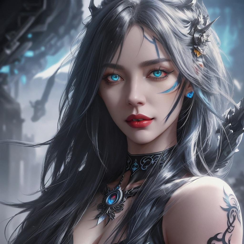  Women with black long messy hair, heterochromia blue and black, scattered tattoos starting at the neck. As a riding a dragon in a dystopian fantasy world hyperrealistic, full body, detailed clothing, highly detailed, cinematic lighting, stunningly beautiful, intricate, sharp focus, f/1. 8, 85mm, (centered image composition), (professionally color graded), ((bright soft diffused light)), volumetric fog, trending on instagram, trending on tumblr, HDR 4K, 8K