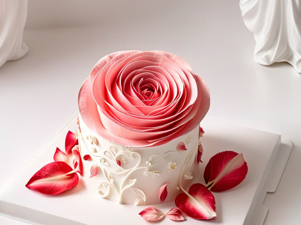  A closeup, highresolution image of a delicately crafted sugar sculpture depicting a blooming rose, showcasing intricate details and delicate petals in varying shades of pink and red, set against a simple, pristine white background to emphasize the artistry and elegance of sugar sculpting. hyperrealistic, full body, detailed clothing, highly detailed, cinematic lighting, stunningly beautiful, intricate, sharp focus, f/1. 8, 85mm, (centered image composition), (professionally color graded), ((bright soft diffused light)), volumetric fog, trending on instagram, trending on tumblr, HDR 4K, 8K