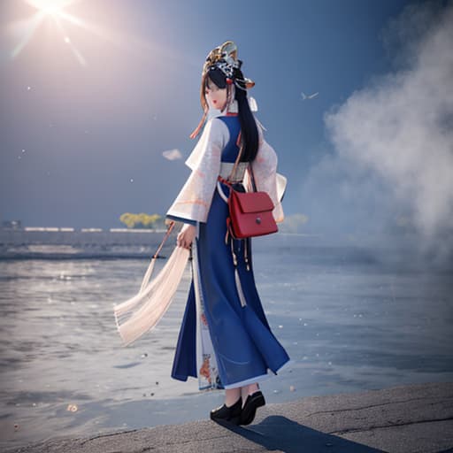  Miao girl wearing a silver hat and white headband in a full body portrait with three views of the character design showing the front view, side view and back view in a chibi style. She is wearing dark blue short sleeves as part of Chinese Mala seaside ethnic and is holding a crossbody bag in her hand. The cartoon clay material is in a cute Q version style with 3D rendering in c4d. ar 29:18 niji 6 hyperrealistic, full body, detailed clothing, highly detailed, cinematic lighting, stunningly beautiful, intricate, sharp focus, f/1. 8, 85mm, (centered image composition), (professionally color graded), ((bright soft diffused light)), volumetric fog, trending on instagram, trending on tumblr, HDR 4K, 8K