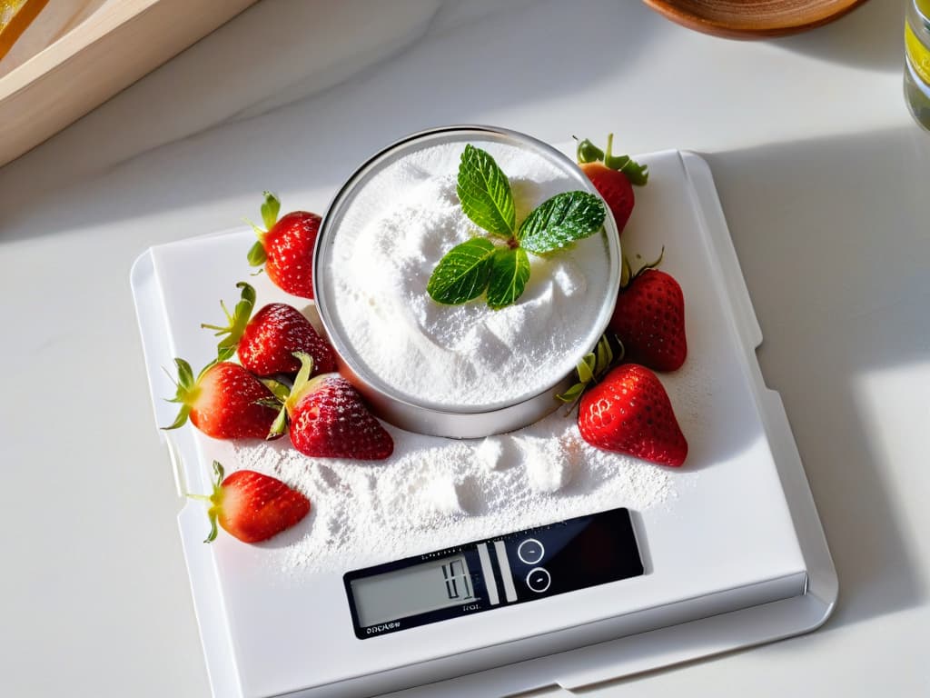  A closeup, ultradetailed image of a sleek, modern digital kitchen scale with a shiny stainless steel surface and a bright, easytoread digital display. The scale is delicately weighing a perfect, fluffy mound of sifted flour, with a scattering of vibrant red strawberries and a dusting of powdered sugar beside it, all set on a pristine white marble countertop. The lighting is soft and natural, casting gentle shadows to accentuate the precision and elegance of the kitchen scale. hyperrealistic, full body, detailed clothing, highly detailed, cinematic lighting, stunningly beautiful, intricate, sharp focus, f/1. 8, 85mm, (centered image composition), (professionally color graded), ((bright soft diffused light)), volumetric fog, trending on instagram, trending on tumblr, HDR 4K, 8K