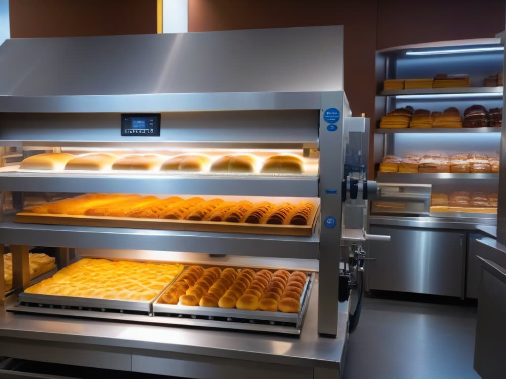  A minimalist, ultradetailed 8k image of a sleek, stainless steel fermentadora machine in a pristine bakery setting. The machine is illuminated with soft, ambient light, showcasing its intricate control panel and modern design. The background shows a glimpse of a busy artisanal bakery with wooden shelves filled with freshly baked bread, adding a touch of warmth and authenticity to the scene. hyperrealistic, full body, detailed clothing, highly detailed, cinematic lighting, stunningly beautiful, intricate, sharp focus, f/1. 8, 85mm, (centered image composition), (professionally color graded), ((bright soft diffused light)), volumetric fog, trending on instagram, trending on tumblr, HDR 4K, 8K