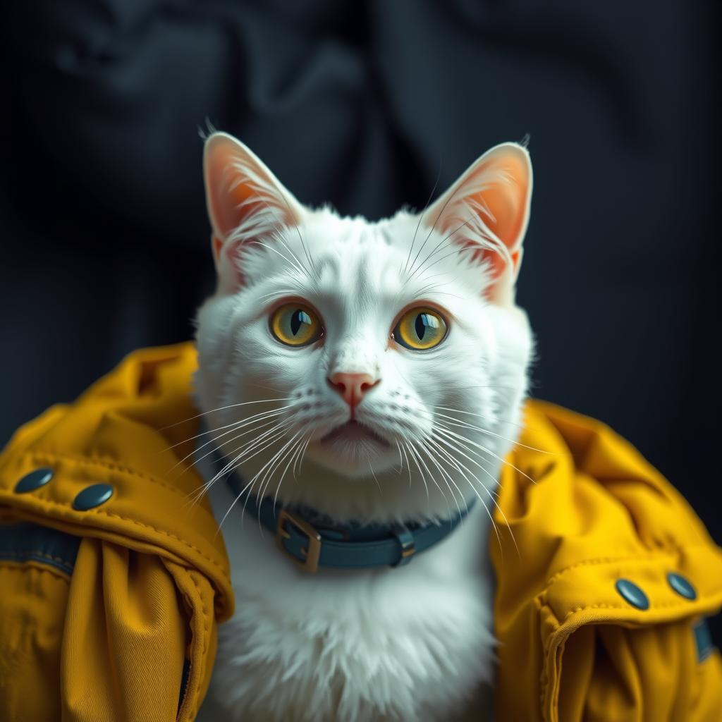  a white cat hyperrealistic, full body, detailed clothing, highly detailed, cinematic lighting, stunningly beautiful, intricate, sharp focus, f/1. 8, 85mm, (centered image composition), (professionally color graded), ((bright soft diffused light)), volumetric fog, trending on instagram, trending on tumblr, HDR 4K, 8K