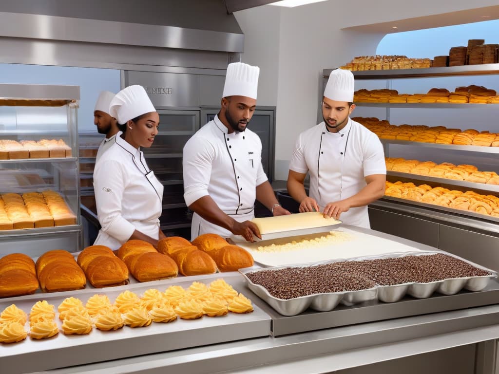  A minimalist, ultradetailed illustration of a diverse group of entrepreneurs in a modern bakery setting, each engaged in various activities such as baking, decorating, and packaging sweet treats. The image features a sleek, monochromatic color scheme with intricate details showcasing different baking tools, ingredients, and finished products in a clean, contemporary style. hyperrealistic, full body, detailed clothing, highly detailed, cinematic lighting, stunningly beautiful, intricate, sharp focus, f/1. 8, 85mm, (centered image composition), (professionally color graded), ((bright soft diffused light)), volumetric fog, trending on instagram, trending on tumblr, HDR 4K, 8K