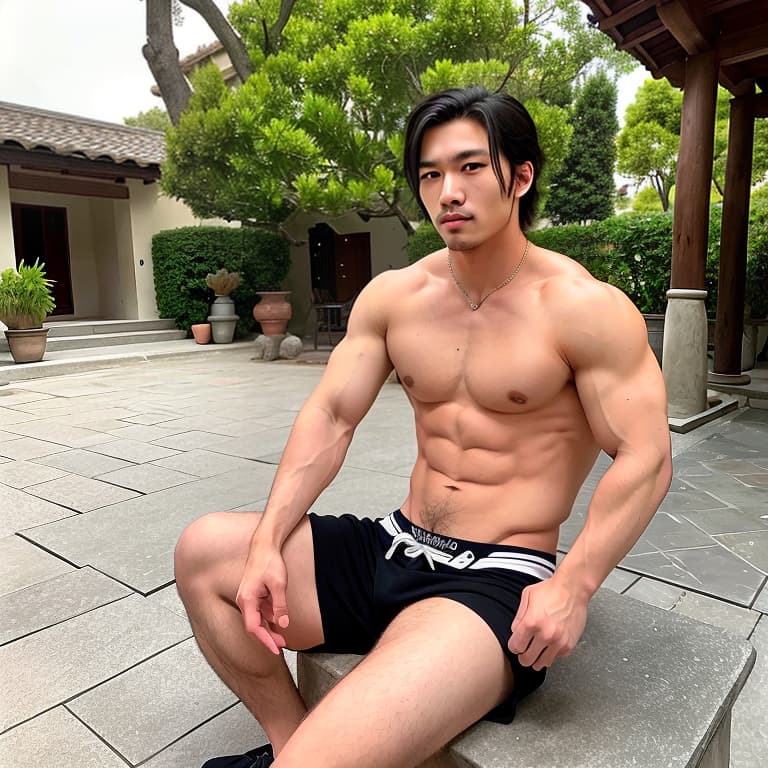  A handsome Asian faced man with nine fox tails and red fox ears. He has six pack muscles and hair. He has lush hair with his hands raised. He is sitting in the courtyard of the villa, admiring the young and beautiful .