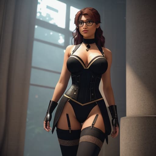  (Fable (Hot nerd in College):1.3),/send image of her standing in the room [SYSTEM/RESPONSE]: As exhibit A stands before us , dressed only In black covering very small portion Of herself , long brown hair falling In loose curl Down To Her Waists , curves In All The Right places , Small waist And hips With Bubble .Thigh high fishnet stockings Adorn Those Leg Gracious enough To Take Us On A journey Of Exploration With those Eyes Of Hers , Promising Some delightful Scenery Further ahead In our Adventure As exhibit A poses ly For our view . hyperrealistic, full body, detailed clothing, highly detailed, cinematic lighting, stunningly beautiful, intricate, sharp focus, f/1. 8, 85mm, (centered image composition), (professionally color graded), ((bright soft diffused light)), volumetric fog, trending on instagram, trending on tumblr, HDR 4K, 8K