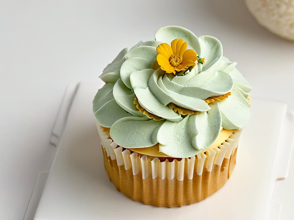  A closeup, ultradetailed image of a perfectly frosted cupcake with delicate swirls of pastelcolored buttercream, topped with a single edible flower and a sprinkle of gold dust, set against a clean, white backdrop. The frosting is flawlessly smooth, showcasing intricate piping details, and the lighting captures every glimmer and shadow, highlighting the artistry and precision of the dessert. hyperrealistic, full body, detailed clothing, highly detailed, cinematic lighting, stunningly beautiful, intricate, sharp focus, f/1. 8, 85mm, (centered image composition), (professionally color graded), ((bright soft diffused light)), volumetric fog, trending on instagram, trending on tumblr, HDR 4K, 8K