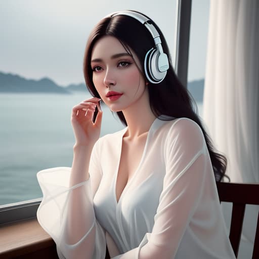  analog style, best quality, gorgeous young Swiss sitting by window with headphones on, wearing white with translucent shirt over, soft lips, beach hair, octane render, unreal engine, photograph, realistic skin texture, photorealistic, hyper realism, highly detailed, 85mm portrait photography, award winning, hard rim lighting photography hyperrealistic, full body, detailed clothing, highly detailed, cinematic lighting, stunningly beautiful, intricate, sharp focus, f/1. 8, 85mm, (centered image composition), (professionally color graded), ((bright soft diffused light)), volumetric fog, trending on instagram, trending on tumblr, HDR 4K, 8K