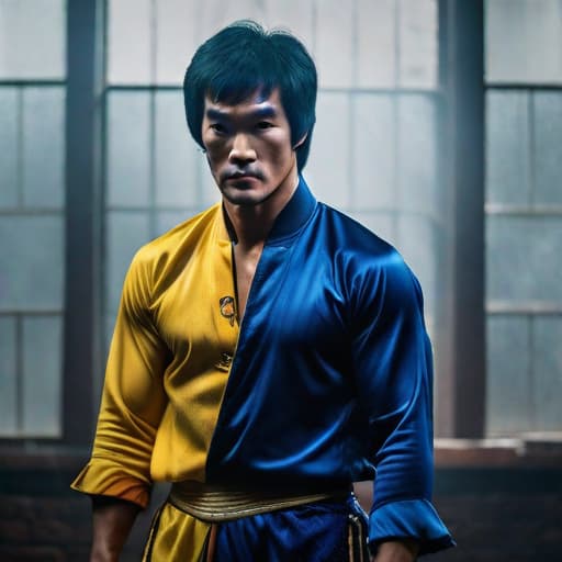  Bruce lee as Joker hyperrealistic, full body, detailed clothing, highly detailed, cinematic lighting, stunningly beautiful, intricate, sharp focus, f/1. 8, 85mm, (centered image composition), (professionally color graded), ((bright soft diffused light)), volumetric fog, trending on instagram, trending on tumblr, HDR 4K, 8K