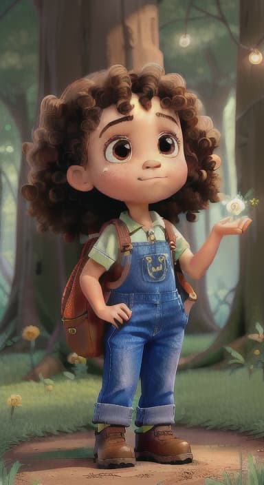  {The tree shining brightly and releasing a gentle, magical light., Riley, a curious with big brown eyes and curly hair, wearing overalls and carrying a small backpack. Their friend, Skye, a bluebird with shiny feathers.