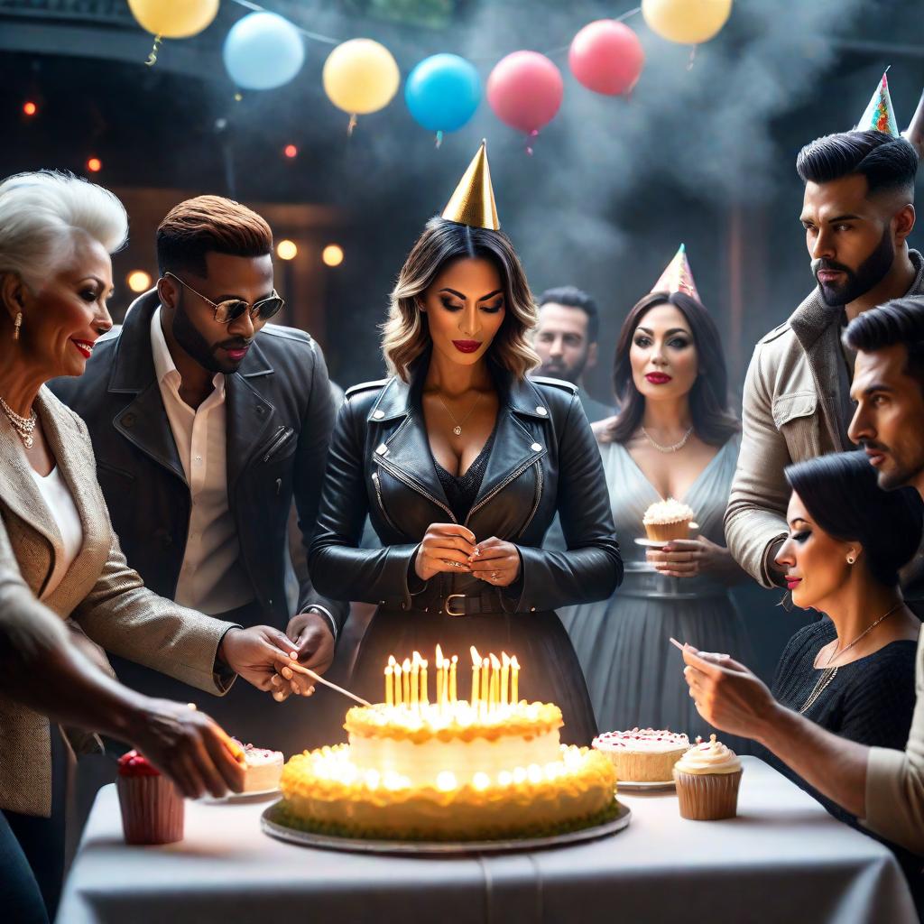  Birthday party hyperrealistic, full body, detailed clothing, highly detailed, cinematic lighting, stunningly beautiful, intricate, sharp focus, f/1. 8, 85mm, (centered image composition), (professionally color graded), ((bright soft diffused light)), volumetric fog, trending on instagram, trending on tumblr, HDR 4K, 8K