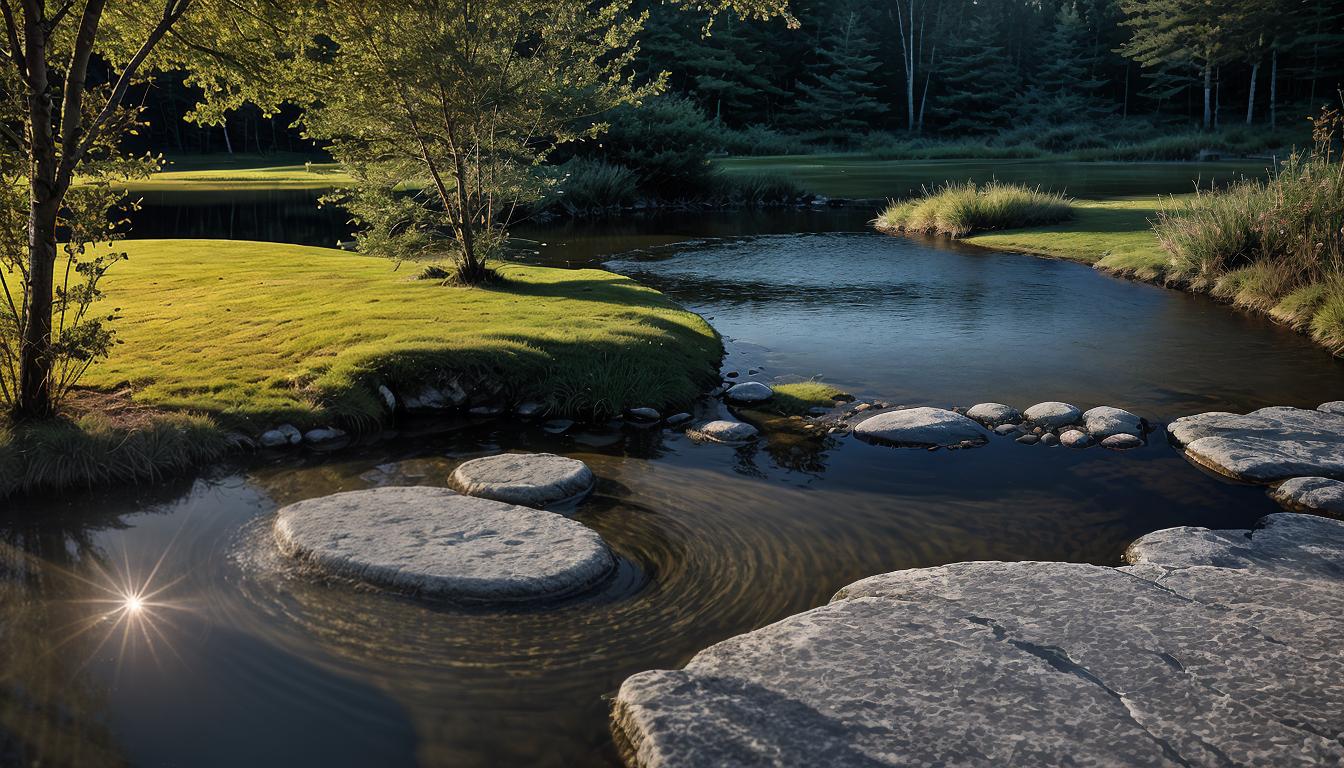  cinematic, aesthetic, A single pebble causing ripples across a quiet pond, pebble hitting the water, concentric waves spreading wide, ripple effect, impact, 4k, HDR, lens flare