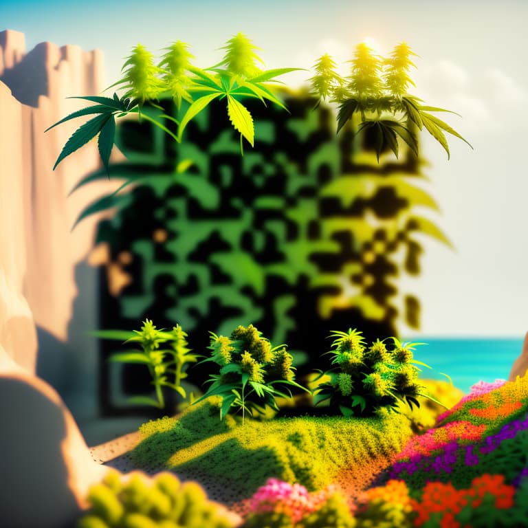  A cannabis plant, cinematic lighting, bright sunny day, flowers, massive cliffs, Sweeper3D