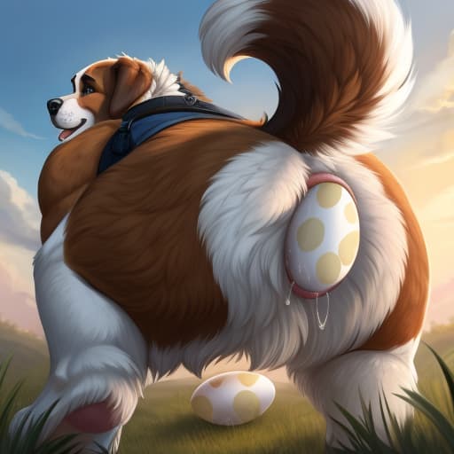  Saint Bernard, feral dog, egg in ass, anal oviposition, view from behind,, open eyes, digital art, masterpiece, 4k, fine details,