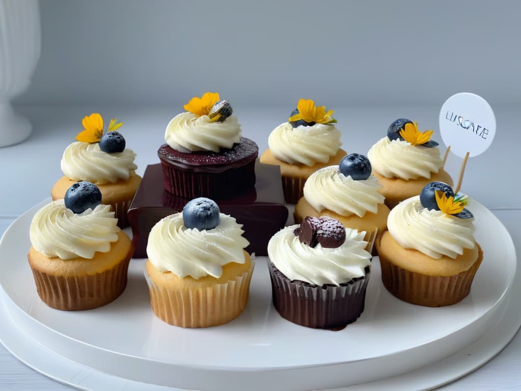  An image of a beautifully arranged assortment of dairyfree, lactosefree sweet treats, including cupcakes, cookies, and chocolates, elegantly displayed on a modern, sleek white platter. Each dessert is adorned with delicate edible flowers and drizzles of rich, decadent dairyfree chocolate sauce, creating a visually stunning and appetizing scene that exudes sophistication and indulgence. The soft, natural lighting highlights the textures and colors of the desserts, showcasing their delectable quality and inviting the viewer to savor these guiltfree delights. hyperrealistic, full body, detailed clothing, highly detailed, cinematic lighting, stunningly beautiful, intricate, sharp focus, f/1. 8, 85mm, (centered image composition), (professionally color graded), ((bright soft diffused light)), volumetric fog, trending on instagram, trending on tumblr, HDR 4K, 8K