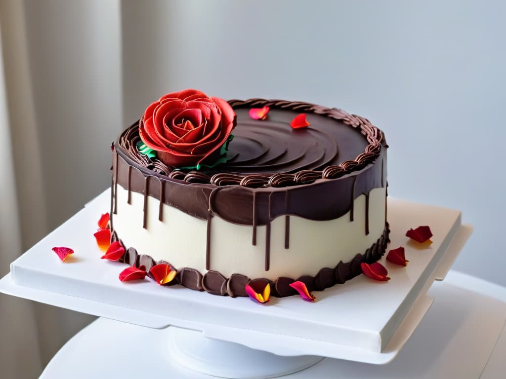  A closeup, ultradetailed image of a perfectly sculpted miniature fondant rose delicately placed on top of a decadent chocolate ganache cake. The intricate layers of the rose petals are visible, showcasing the skill and precision required for advanced pastry techniques. The chocolate cake is elegantly displayed on a sleek, white porcelain cake stand, emphasizing the exquisite craftsmanship and artistry involved in creating gourmet desserts for special occasions. hyperrealistic, full body, detailed clothing, highly detailed, cinematic lighting, stunningly beautiful, intricate, sharp focus, f/1. 8, 85mm, (centered image composition), (professionally color graded), ((bright soft diffused light)), volumetric fog, trending on instagram, trending on tumblr, HDR 4K, 8K