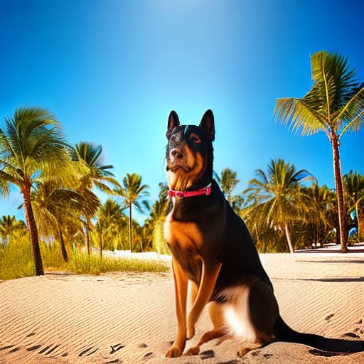 dublex style dublex dog on the beach under the palm tree, hyperrealistic photograph, sharp focus, 8k