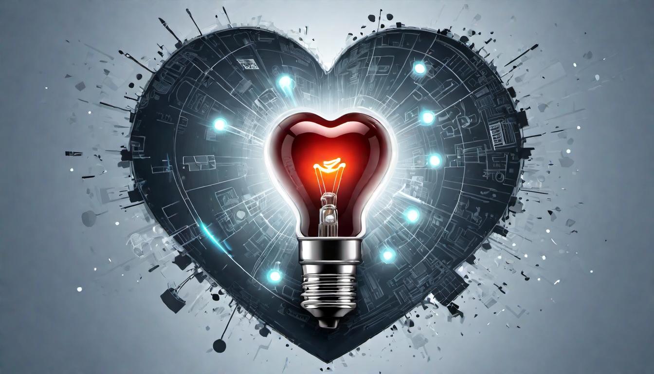  digital illustration A light bulb with a heart glowing inside, surrounded by digital elements, blending human warmth with technological innovation, insightful solutions looking at viewer, dynamic pose, (intricate details, masterpiece, best quality)