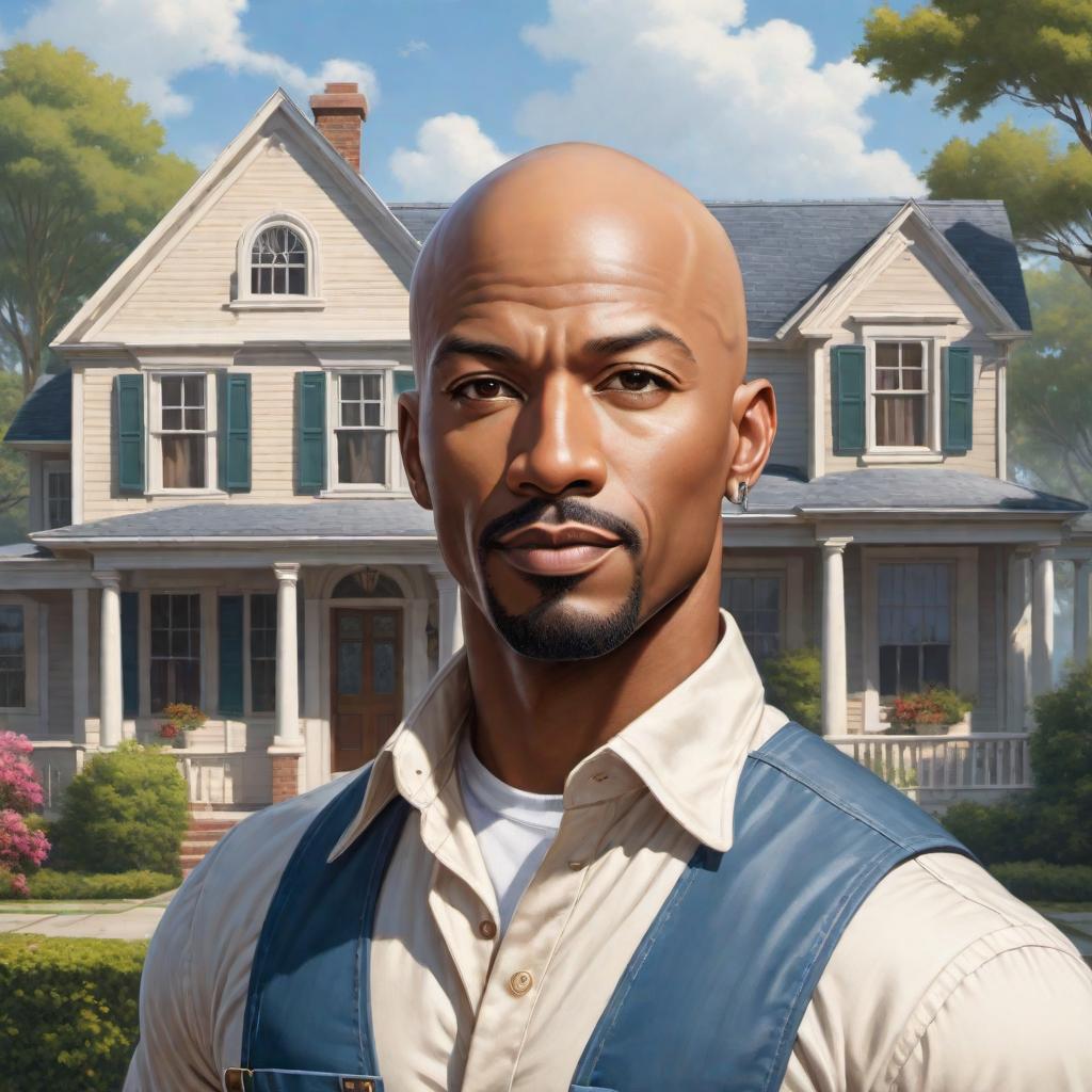  An African American male with a bald head, resembling Mr. Clean, as a professional house painter in anime style. The character should be in full house painting gear, including painter's overalls, holding a paint roller. The style should feature distinctive anime characteristics, bold lines, and vibrant colors. Include elements that represent the house painting profession like paint splashes or brushes. Focus on the character and the painting theme with a minimalistic background. hyperrealistic, full body, detailed clothing, highly detailed, cinematic lighting, stunningly beautiful, intricate, sharp focus, f/1. 8, 85mm, (centered image composition), (professionally color graded), ((bright soft diffused light)), volumetric fog, trending on instagram, trending on tumblr, HDR 4K, 8K