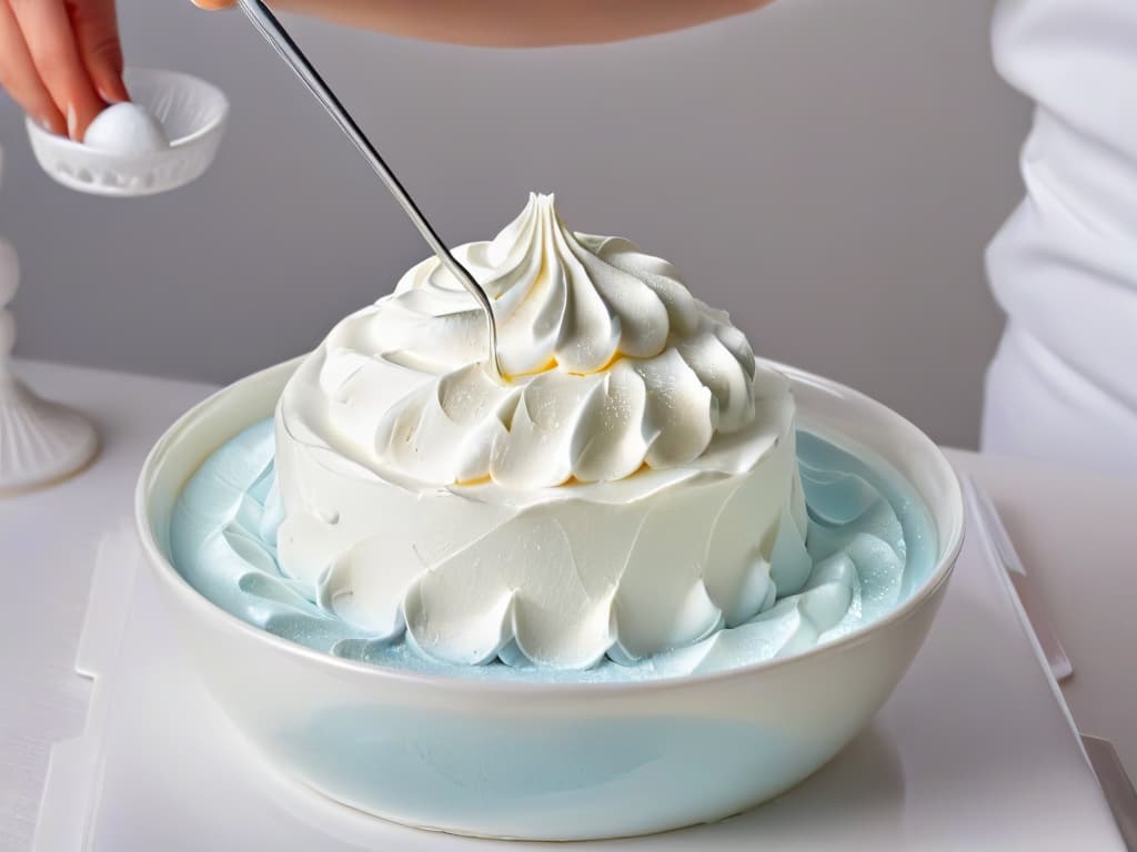  A closeup, photorealistic image of a glossy, stiff peak of white meringue being formed by a whisk in a glass bowl. The texture is incredibly detailed, showcasing the tiny air bubbles and shiny peaks of the mixture. The lighting is soft yet highlights the smooth surface of the meringue, emphasizing its transformation process. The background is softly blurred, focusing all attention on the intricate details of the meringue being whipped to perfection. hyperrealistic, full body, detailed clothing, highly detailed, cinematic lighting, stunningly beautiful, intricate, sharp focus, f/1. 8, 85mm, (centered image composition), (professionally color graded), ((bright soft diffused light)), volumetric fog, trending on instagram, trending on tumblr, HDR 4K, 8K