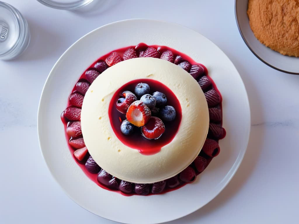  An ultradetailed image of a scoop of homemade vanilla ice cream topped with vibrant red berries, surrounded by a drizzle of rich red fruit sauce, all placed on a sleek, modern white plate with elegant, minimalist presentation. The vanilla ice cream is perfectly smooth and creamy, with a slight glisten to enhance its freshness, while the berries look plump and inviting, and the fruit sauce cascades elegantly down the sides of the scoop, creating a visually striking and mouthwatering composition. hyperrealistic, full body, detailed clothing, highly detailed, cinematic lighting, stunningly beautiful, intricate, sharp focus, f/1. 8, 85mm, (centered image composition), (professionally color graded), ((bright soft diffused light)), volumetric fog, trending on instagram, trending on tumblr, HDR 4K, 8K