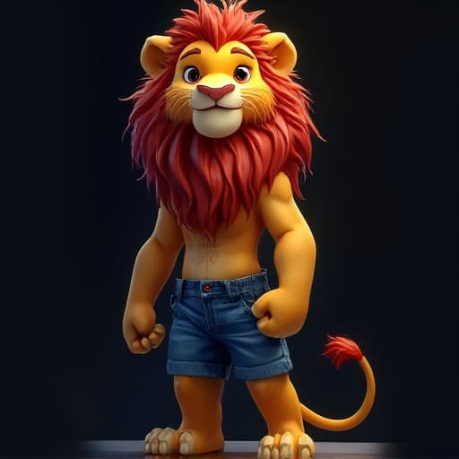  (a lion king wearing blue jean), full body, ghibli style, anime, vibrant colors, hdr, enhance, jungle((plain black background)), masterpiece, highly detailed, 4k, hq, separate colors, bright colors