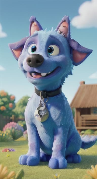  {Max carefully picking up the ball with his teeth without disturbing the flowers, The big blue dog is large with sky blue fur, big round eyes, a black nose, and floppy ears.