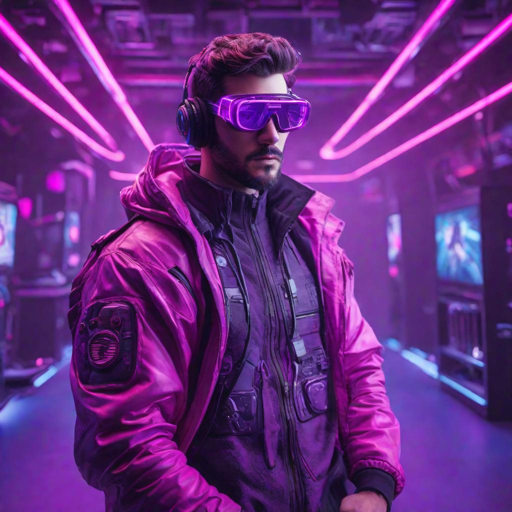  gamer man in ar glasses, futuristic retro style, neon pink and violet colors,, cute, hyper detail, full HD hyperrealistic, full body, detailed clothing, highly detailed, cinematic lighting, stunningly beautiful, intricate, sharp focus, f/1. 8, 85mm, (centered image composition), (professionally color graded), ((bright soft diffused light)), volumetric fog, trending on instagram, trending on tumblr, HDR 4K, 8K
