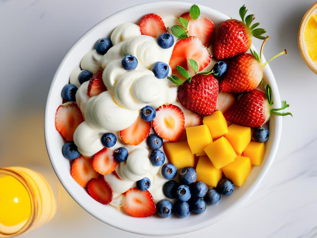  A highresolution, minimalist image showcasing a variety of vibrant fresh fruits like strawberries, blueberries, and mangoes neatly arranged on a white marble countertop next to a bowl of creamy yogurt. The fruits are sliced and diced artfully, demonstrating the colorful ingredients used in homemade yogurt and fruit ice cream. The image is captured from a topdown perspective, highlighting the freshness and natural beauty of the ingredients, ideal for the theme of guiltfree homemade yogurt and fruit ice cream. hyperrealistic, full body, detailed clothing, highly detailed, cinematic lighting, stunningly beautiful, intricate, sharp focus, f/1. 8, 85mm, (centered image composition), (professionally color graded), ((bright soft diffused light)), volumetric fog, trending on instagram, trending on tumblr, HDR 4K, 8K