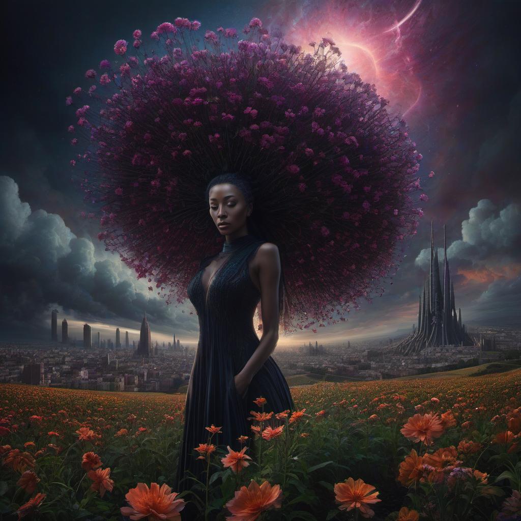  (stylized by Tomasz Alen Kopera:1.3) , dark art, dense flower field and Perseid meteor in background, landscape of a (Barcelona:1.2) , very Bizarre and 1600'S, Hurricane, Glitchcore, Amaro, layered textures, ornate, intricate artistic color, complimentary colors, very inspirational, atmosphere, fine artistic composition, sunny, theatrical hyperrealistic, full body, detailed clothing, highly detailed, cinematic lighting, stunningly beautiful, intricate, sharp focus, f/1. 8, 85mm, (centered image composition), (professionally color graded), ((bright soft diffused light)), volumetric fog, trending on instagram, trending on tumblr, HDR 4K, 8K