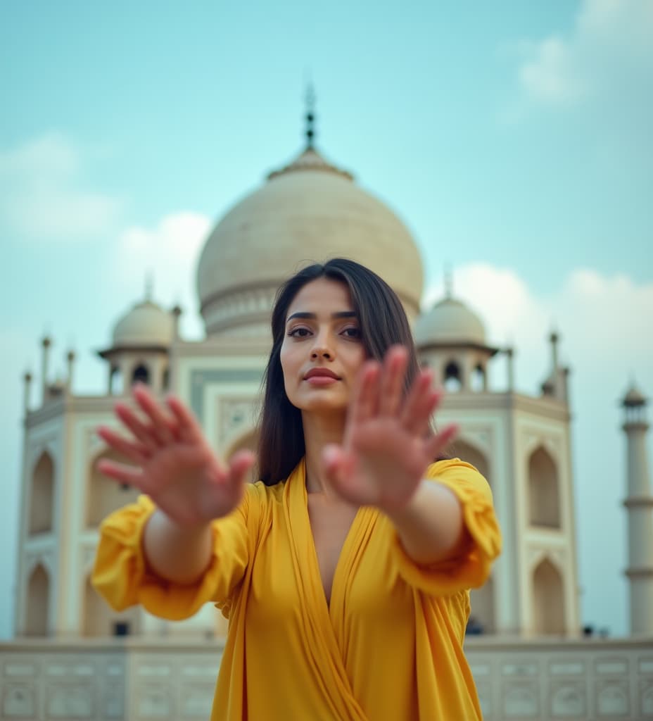  good quality, high quality, an indian woman wearing a light yellow, long sleeved outfit poses gracefully against taj mahal with dusky clouds background. her hands are extended towards the camera, creating a dynamic and immersive perspective. the focus is on the woman, with a slight blur on her hands to enhance depth. the lighting is natural, casting soft shadows and enhancing the serene, airy mood. the composition features a low angle shot that emphasizes her movement and expression, conveying a sense of freedom and elegance. the dominant color scheme is various shades of blue, blending harmoniously with the sky.