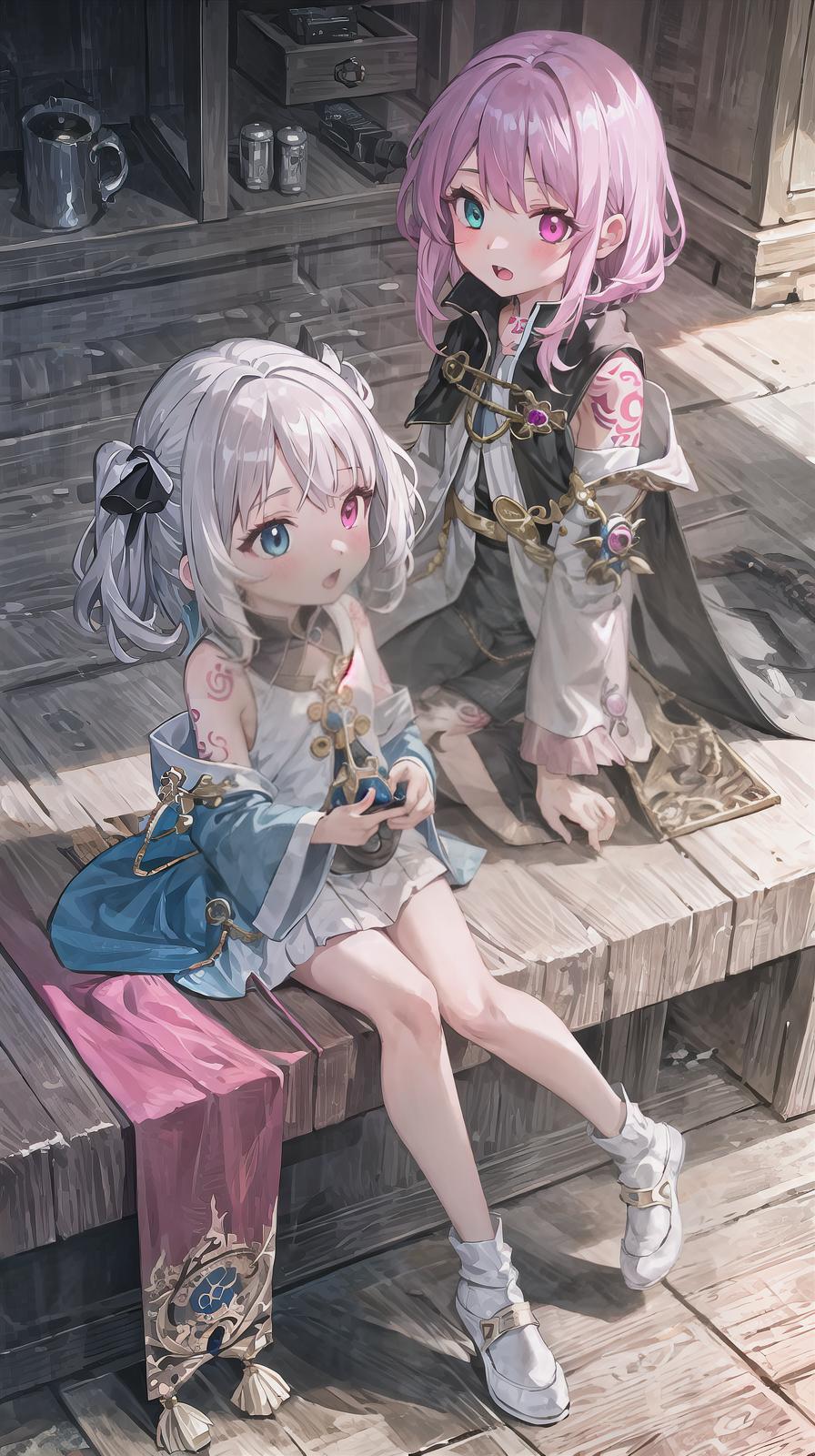  master piece , best quality,master piece,girl,(child) BREAK heterochromia with deep pink eye and light blue eye BREAK medium hair,silver hair BREAK wizard,tattoo BREAK magic,fantasy