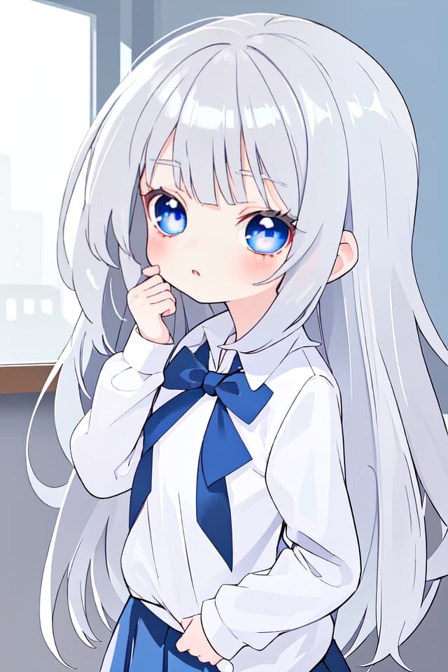  Silver hair long, little girl, blue eyes, school uniform