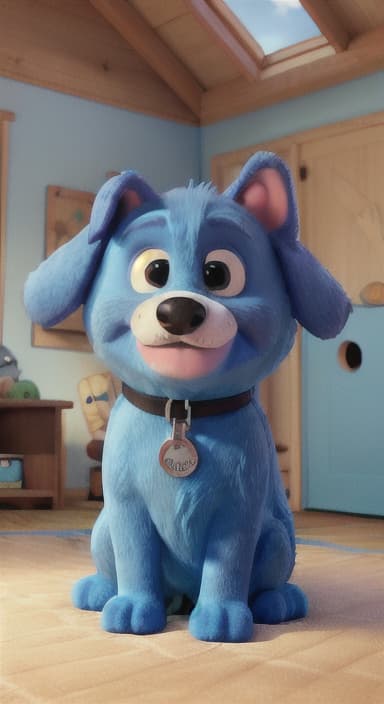  {Max snuggled up in his comfy dog bed inside the house, fast asleep, The big blue dog is large with sky blue fur, big round eyes, a black nose, and floppy ears.