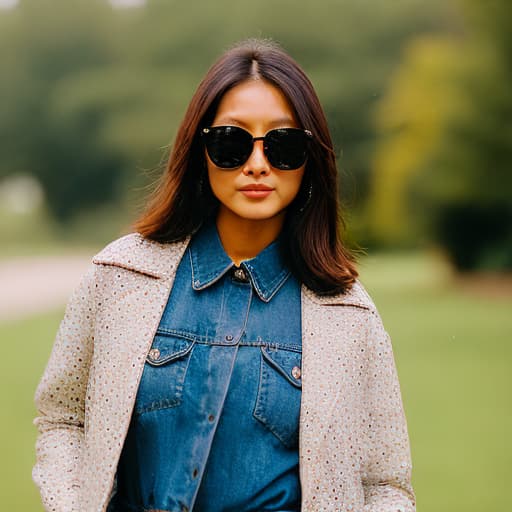 analog style a beautiful asian lady wearing sunglasses and a denim jacket embelished with diamonds ang gems, sharp, ultra sharp, realistic, photorealistic, hyper realistic, detailed, high texture, hdr